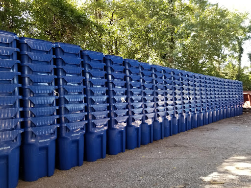 Rows of blue recycle bins